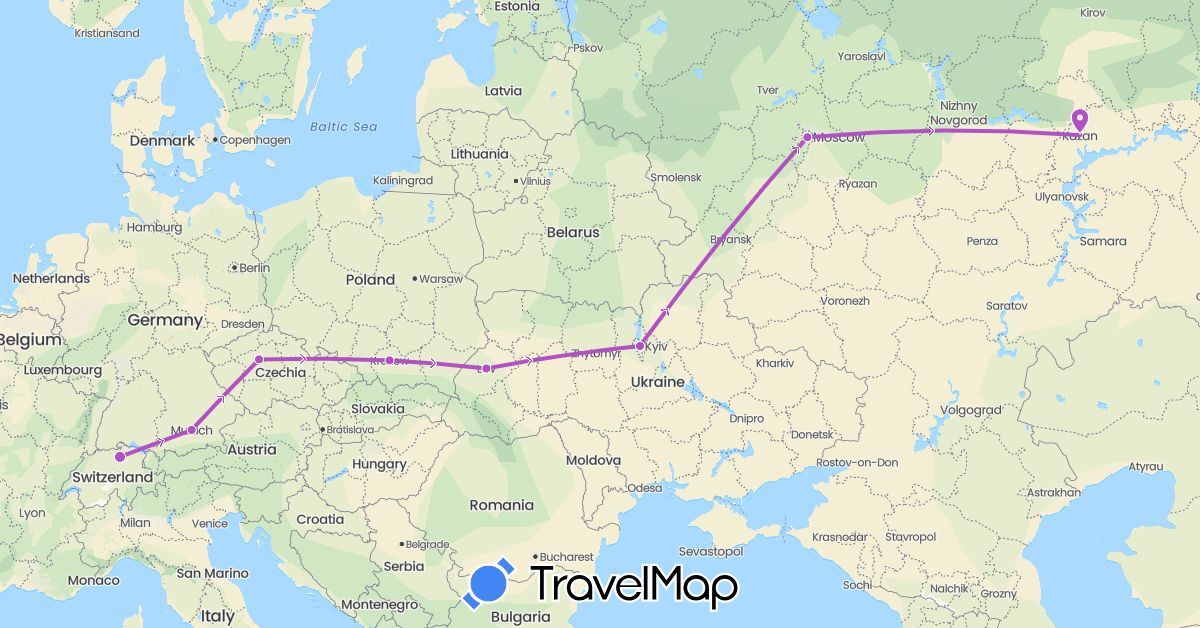 TravelMap itinerary: train in Switzerland, Czech Republic, Germany, Poland, Russia, Ukraine (Europe)